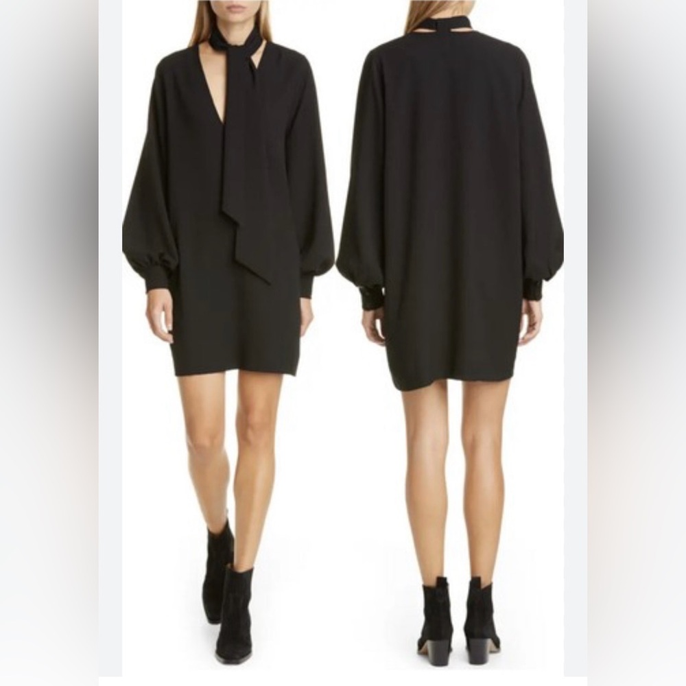 Ganni Long Sleeve Black Crepe Mini Dress